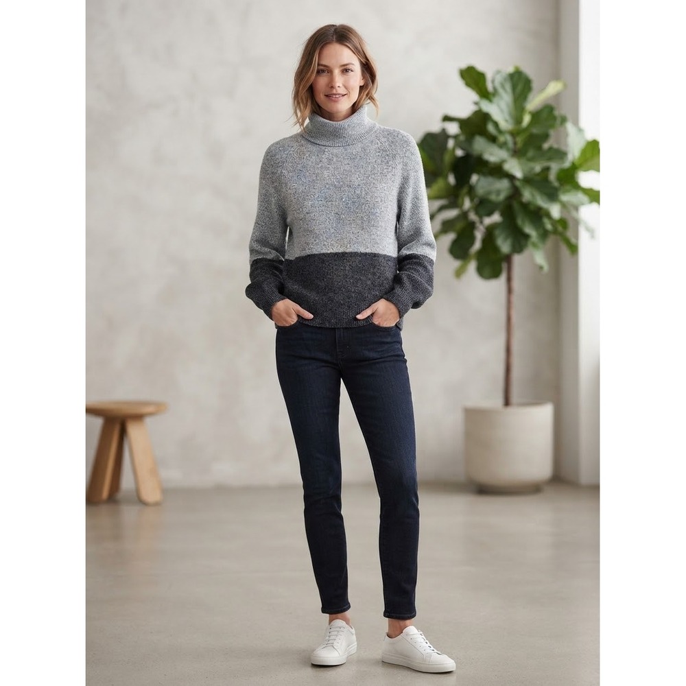 Barbour Cheswick Knit Blue Colorblock Wool Blend Turtleneck Sweater Womens 6